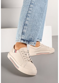 Beżowe Skórzane Sneakersy na Płaskiej Podeszwie ze Skórzaną Wkładką i Perforacją Galiwa ze sklepu renee.pl w kategorii Buty sportowe damskie - zdjęcie 178069517
