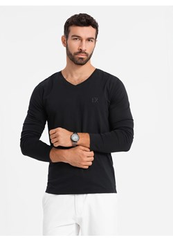 ongsleeve męski V-neck SLIM FIT z elastanem i printem – czarny V1 OM-LSBC-0123 ze sklepu ombre w kategorii T-shirty męskie - zdjęcie 178147948