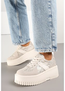 Beżowe Sneakersy w Stylu Tenisówek na Platformie z Tłoczeniami Ozdobione Wężowym Printem Firreis ze sklepu born2be.pl w kategorii Buty sportowe damskie - zdjęcie 178150328
