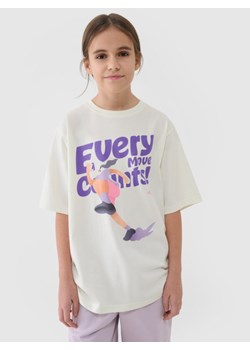 Dziewczęcy t-shirt oversize z nadrukiem 4F 4FJASAW24TTSHF2592 - biały ze sklepu Sportstylestory.com w kategorii Bluzki dziewczęce - zdjęcie 178151976