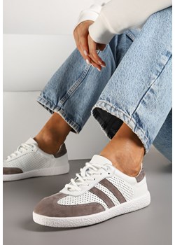 Brązowe Sznurowane Skórzane Sneakersy na Płaskiej Podeszwie z Paskami i Perforacją Enelis ze sklepu renee.pl w kategorii Buty sportowe damskie - zdjęcie 178162478