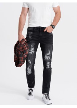 Spodnie męskie jeansowe z dziurami SLIM FIT - czarne V3 P1065 ze sklepu ombre w kategorii Jeansy męskie - zdjęcie 178162858