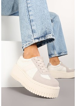 Beżowe Sneakersy Typu Tenisówki na Platformie Zdobione Perforacją Nerilsa ze sklepu born2be.pl w kategorii Buty sportowe damskie - zdjęcie 178411507