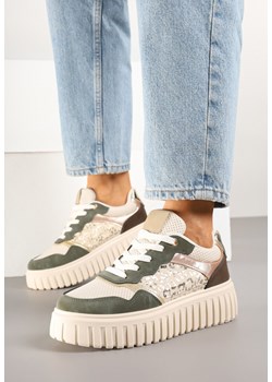 Beżowo-Zielone Sneakersy na Tłoczonej Podeszwie ze Zdobieniami w Panterkę Gerraza ze sklepu born2be.pl w kategorii Buty sportowe damskie - zdjęcie 178415157