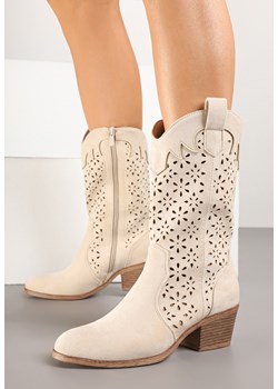 Beżowe Ażurowe Botki na Obcasie w Stylu Kowbojek Lissemi ze sklepu born2be.pl w kategorii Botki - zdjęcie 178415979