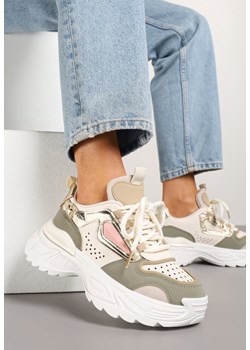 Beżowo-Zielone Sneakersy na Podeszwie z Tłoczeniami w Streetwearowym Stylu Vaniffia ze sklepu born2be.pl w kategorii Buty sportowe damskie - zdjęcie 178416198