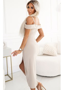 Sukienka midi z odkrytymi ramionami 564-5 Callie, Kolor jasnobeżowy, Rozmiar one size, NUMOCO BASIC ze sklepu Primodo w kategorii Sukienki - zdjęcie 178424015
