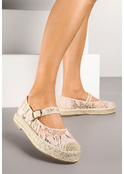 Beżowe Płaskie Espadryle Koronkowe z Paskiem Ozdobione Plecionką Tatessa ze sklepu born2be.pl w kategorii Espadryle damskie - zdjęcie 178437055