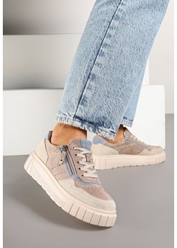 Beżowo-Niebieski Streetwearowe Sneakersy ze Skóry Naturalnej z Ozdobnym Suwakiem Eleavenna ze sklepu renee.pl w kategorii Buty sportowe damskie - zdjęcie 178482758