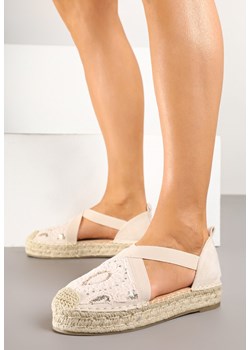 Beżowe Espadryle na Grubej Plecionej Podeszwie z Ozdobnym Noskiem i Haftami Atera ze sklepu renee.pl w kategorii Espadryle damskie - zdjęcie 178488719