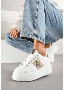Biało-Złote Sneakersy z Ozdobną Aplikacją Owada z Przeszyciami na Platformie Ommea ze sklepu renee.pl w kategorii Buty sportowe damskie - zdjęcie 178490189