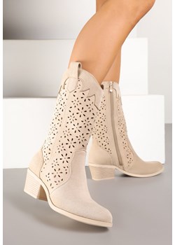 Ciemnobeżowe Botki Kowbojki na Słupku z Ażurową Cholewką Ravsemi ze sklepu renee.pl w kategorii Botki - zdjęcie 178492757