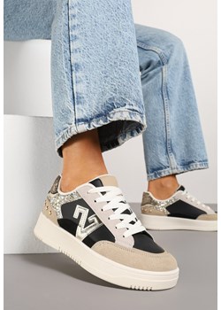 Czarno-Beżowe Sneakersy Ozdobione Metalicznymi Aplikacjami i Brokatem Pilliossa ze sklepu renee.pl w kategorii Buty sportowe damskie - zdjęcie 178497925