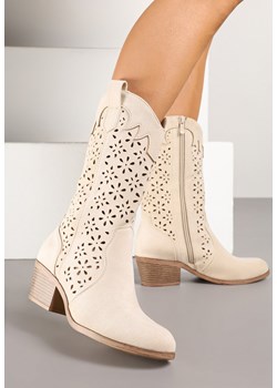 Beżowe Botki Kowbojki na Słupku z Ażurową Cholewką Ravsemi ze sklepu renee.pl w kategorii Botki - zdjęcie 178498758