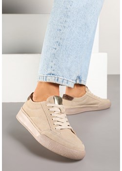 Beżowe Sneakersy z Przeszyciami i Perforacją z Zamszu Tulnelia ze sklepu born2be.pl w kategorii Buty sportowe damskie - zdjęcie 178529409