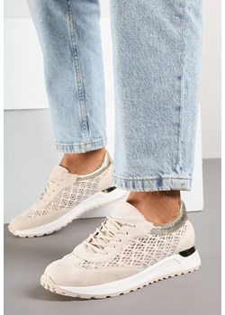 Beżowe Ażurowe Sneakersy Ozdobione Metalicznymi Wstawkami Sdivane ze sklepu born2be.pl w kategorii Buty sportowe damskie - zdjęcie 178568106