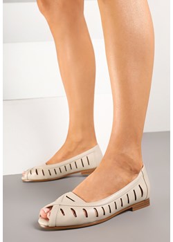 Beżowe Balerinki Peep Toe z Ażurowymi Wycięciami i Skórzaną Wkładką Nafiarda ze sklepu born2be.pl w kategorii Balerinki - zdjęcie 178570788