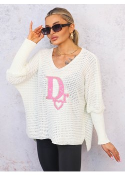 SWETER OVERSIZE O KROJU NIETOPERZA Z OZDOBNĄ APLIKACJĄ- BIAŁY ze sklepu olika.com.pl w kategorii Swetry damskie - zdjęcie 178597878