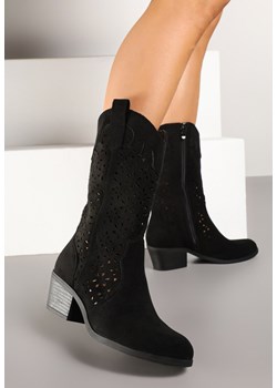 Czarne Botki Kowbojki na Słupku z Ażurową Cholewką Ravsemi ze sklepu renee.pl w kategorii Botki - zdjęcie 178656767