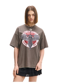 Cropp - Szary T-shirt oversize z nadrukiem - jasny szary ze sklepu Cropp w kategorii Bluzki damskie - zdjęcie 178657957