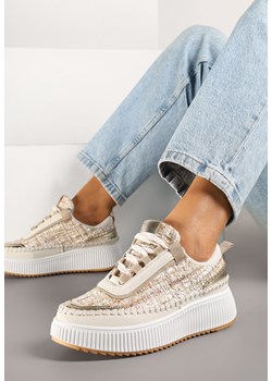 Ciemnobeżowe Sneakersy na Grubej Podeszwie Zdobione Tweedem i Przeszyciami Ulamoriela ze sklepu born2be.pl w kategorii Buty sportowe damskie - zdjęcie 178662815