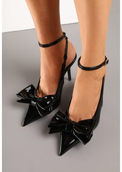 Czarne Lakierowane Sandały na Szpilce Vices z Dużą Kokardką Bez Pięty Velozia ze sklepu renee.pl w kategorii Czółenka - zdjęcie 178698755