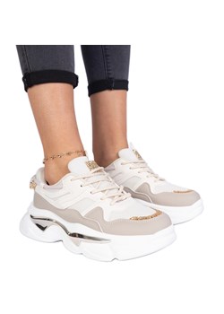 Beżowe sneakersy damskie zdobione brokatem beżowy ze sklepu ButyModne.pl w kategorii Buty sportowe damskie - zdjęcie 178735698