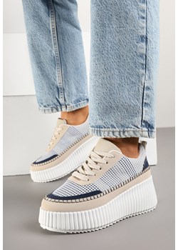 Niebiesko-Beżowe Sneakersy na Grubej Podeszwie z Tłoczeniami Zdobione Przeszyciami Falinia ze sklepu born2be.pl w kategorii Buty sportowe damskie - zdjęcie 178810669