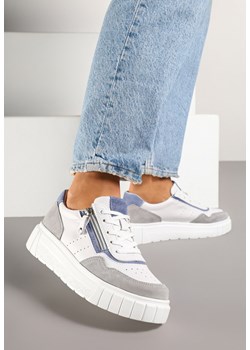 Biało-Szare Sneakersy Skórzane z Ozdobnym Suwakiem Tillirella ze sklepu born2be.pl w kategorii Buty sportowe damskie - zdjęcie 178827649