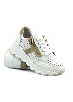 Sportowe buty damskie z ażurową cholewką i złotymi suwakami - Sokolski WS-W24-245, biało-beżowe ze sklepu ulubioneobuwie w kategorii Buty sportowe damskie - zdjęcie 178875935