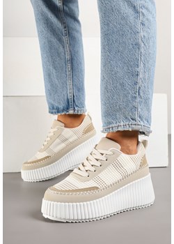 Beżowe Sneakersy na Grubej Podeszwie z Tłoczeniami Zdobione Przeszyciami Falinia ze sklepu born2be.pl w kategorii Buty sportowe damskie - zdjęcie 178888986