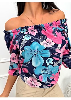 Granatowa Bluzka Hiszpanka w Kwiaty ze sklepu ModnaKiecka.pl w kategorii Bluzki damskie - zdjęcie 178955098