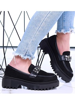 Czarne loafersy z kamieniami półbuty na platformie /C1-1 15499 T336/ ze sklepu Pantofelek24.pl w kategorii Mokasyny damskie - zdjęcie 179048577