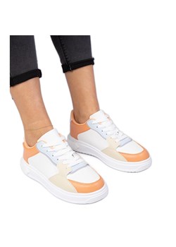 Biało-pomarańczowe sportowe sneakersy z ekoskóry białe ze sklepu ButyModne.pl w kategorii Buty sportowe damskie - zdjęcie 179067515