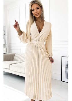 Plisowana sukienka midi z paskiem 504-7 Viviana, Kolor jasnobeżowy, Rozmiar one size, NUMOCO BASIC ze sklepu Primodo w kategorii Sukienki - zdjęcie 179135139