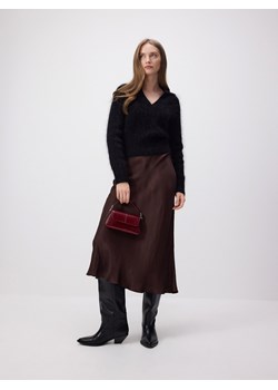 Reserved - Spódnica midi z satynowym wykończeniem - ciemnobrązowy ze sklepu Reserved w kategorii Spódnice - zdjęcie 179144405