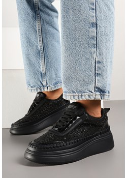 Czarne Sneakersy na Grubej Podeszwie ze Skórzaną Wkładką i Cyrkoniami Arvitis ze sklepu born2be.pl w kategorii Buty sportowe damskie - zdjęcie 179162445