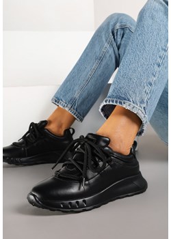 Czarne Sneakersy Skórzane z Ozdobnym Sznurowaniem Camireas ze sklepu born2be.pl w kategorii Buty sportowe damskie - zdjęcie 179164729