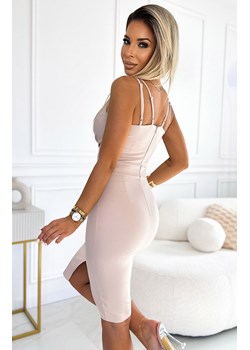Elegancka beżowa sukienka midi z dekoltem i rozcięciem 555-1, Kolor beżowy, Rozmiar L, Numoco ze sklepu Intymna w kategorii Sukienki - zdjęcie 179390896