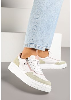 Biało-Zielone Sneakersy ze Skóry Naturalnej z Ozdobnym Suwakiem Tilliraya ze sklepu renee.pl w kategorii Buty sportowe damskie - zdjęcie 179430739