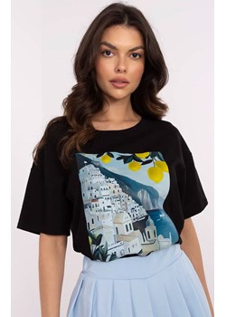 Czarny t-shirt z włoskim krajobrazem MI-TS-M3221-1.20P, Kolor czarny-wzór, Rozmiar uniwersalny, ITALY MODA ze sklepu Primodo w kategorii Bluzki damskie - zdjęcie 179456687