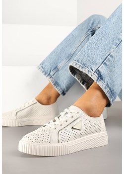 Beżowe Sneakersy Skórzane Ozdobione Aplikacją i Perforacją Nilairis ze sklepu renee.pl w kategorii Buty sportowe damskie - zdjęcie 179569389
