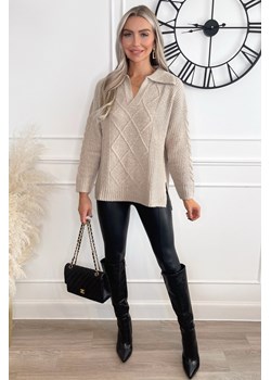 Sweter damski z kołnierzykiem - beżowy ze sklepu Cudmoda w kategorii Swetry damskie - zdjęcie 179651817
