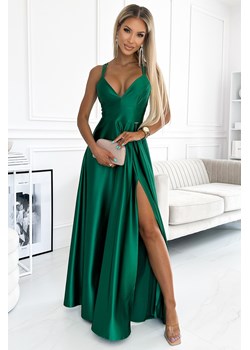 Elegancka satynowa suknia maxi z głębokim dekoltem - butelkowa zieleń ze sklepu Cudmoda w kategorii Sukienki - zdjęcie 179653029