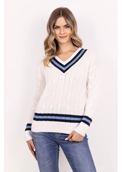 Sweter z ozdobnym dekoltem w serek - ecru-niebieski ze sklepu Cudmoda w kategorii Swetry damskie - zdjęcie 179654118