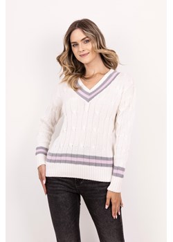 Sweter z ozdobnym dekoltem w serek - ecru-róż ze sklepu Cudmoda w kategorii Swetry damskie - zdjęcie 179654119