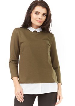 Dzianinowa bluzka z białym kołnierzykiem - khaki ze sklepu Cudmoda w kategorii Bluzki damskie - zdjęcie 179655065
