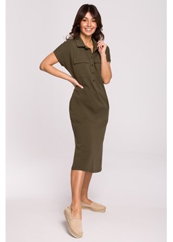 Sukienka safari z kołnierzykiem i kieszeniami na przodzie - khaki ze sklepu Cudmoda w kategorii Sukienki - zdjęcie 179657586