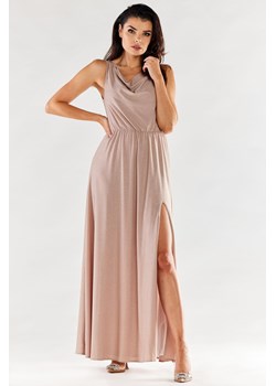Elegancka sukienka maxi z rozcięciem - beżowa ze sklepu Cudmoda w kategorii Sukienki - zdjęcie 179658815
