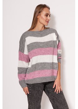 Sweter oversize w paski - różowo-szary ze sklepu Cudmoda w kategorii Swetry damskie - zdjęcie 179659358